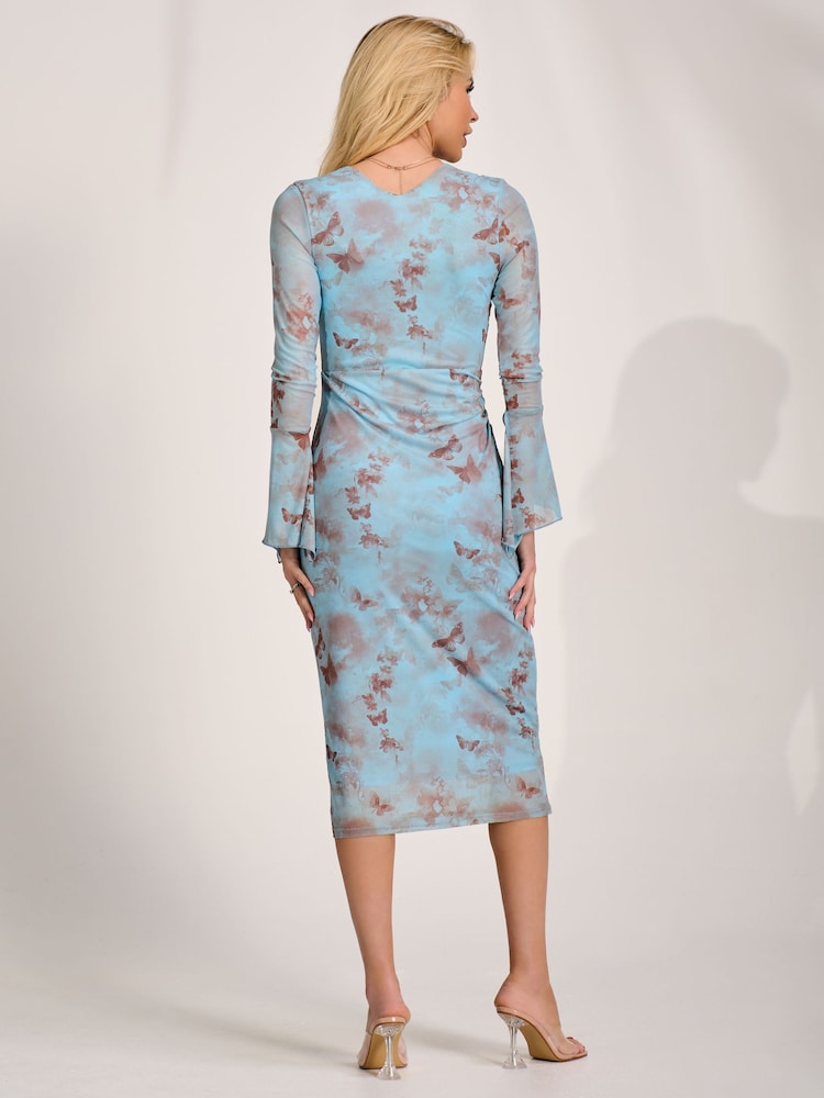 Jolie Moi Blue Long Sleeve Mesh Bodycon Dress - Image 2 of 6 Jolie Moi Blue Long Sleeve Mesh Bodycon Dress - Image 2 of 6