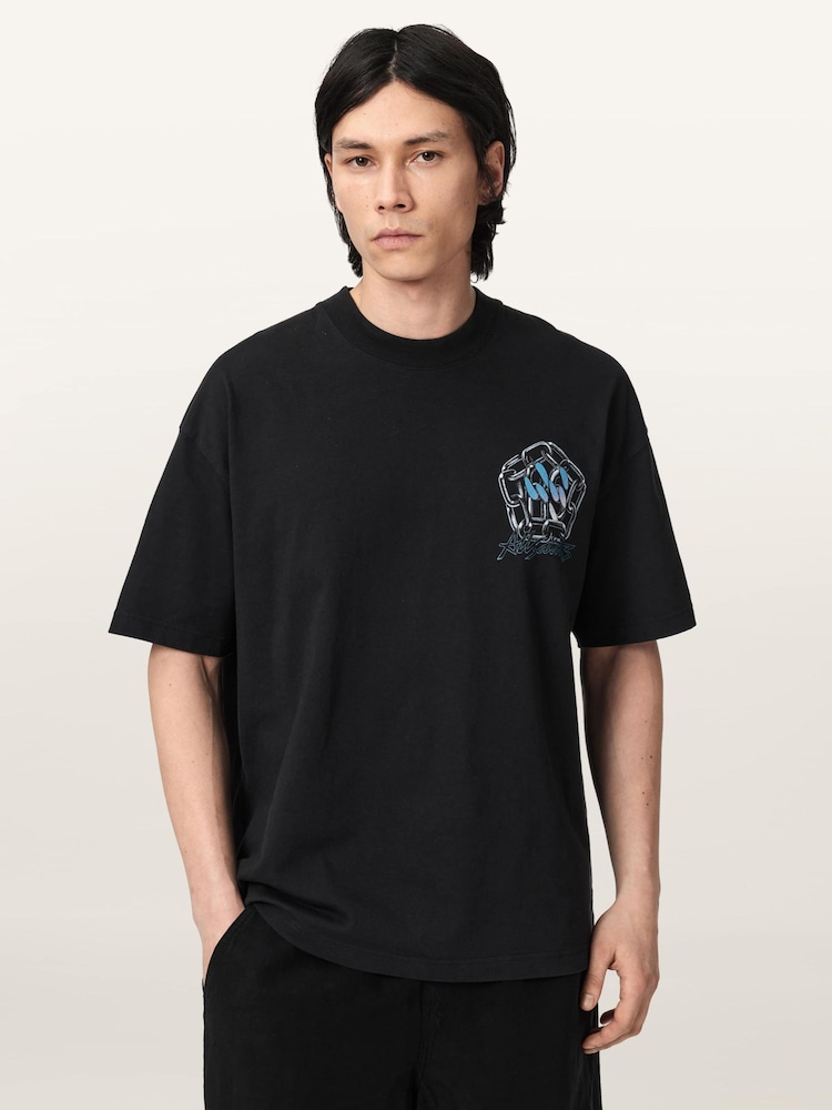 AllSaints Black Affix Short Sleeve Crew Neck T-Shirt - Image 1 of 7 AllSaints Black Affix Short Sleeve Crew Neck T-Shirt - Image 1 of 7