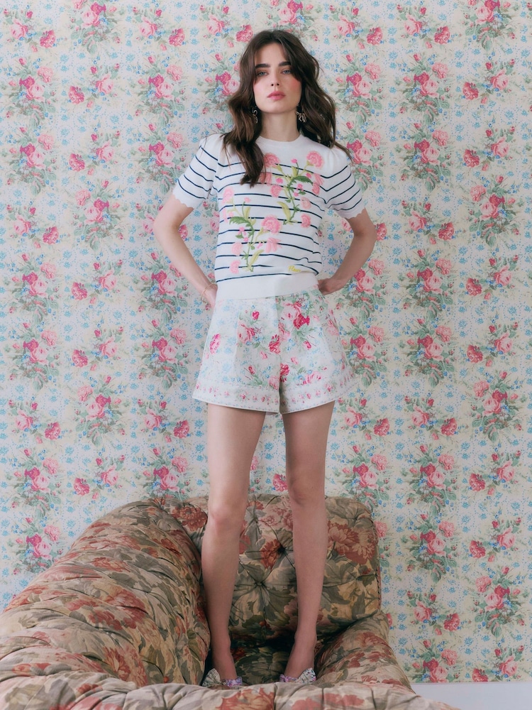 River Island White Cabbages and Roses Floral Print Shorts - Image 1 of 4