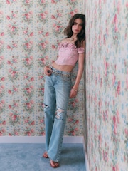 River Island Pink Cabbages And Roses Bardot Floral Print Corsage Corset Top - Image 5 of 5