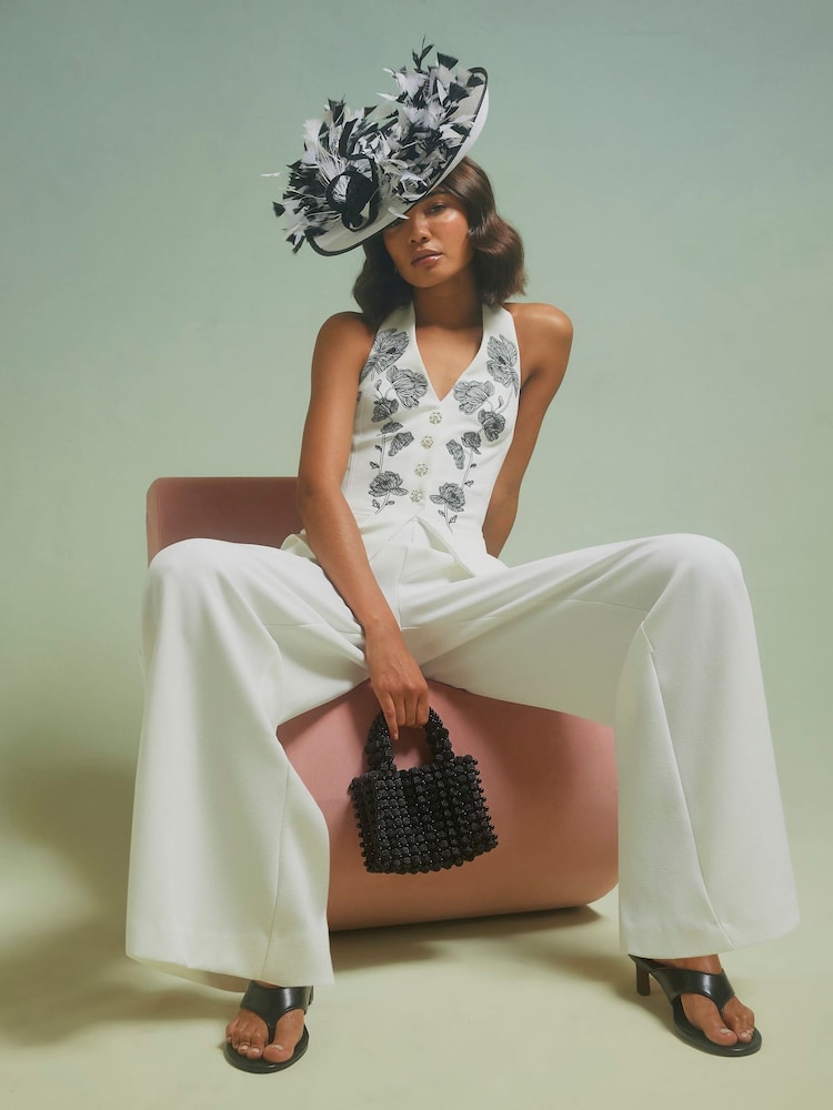 River Island White Edwina Ibbotson Sleeveless Halterneck Wide Leg Jumpsuit - Image 1 of 4