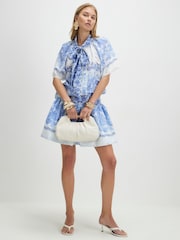 River Island Blue Cabbages and Roses Short Sleeve Printed Tie Neck Blouse - Image 2 of 4