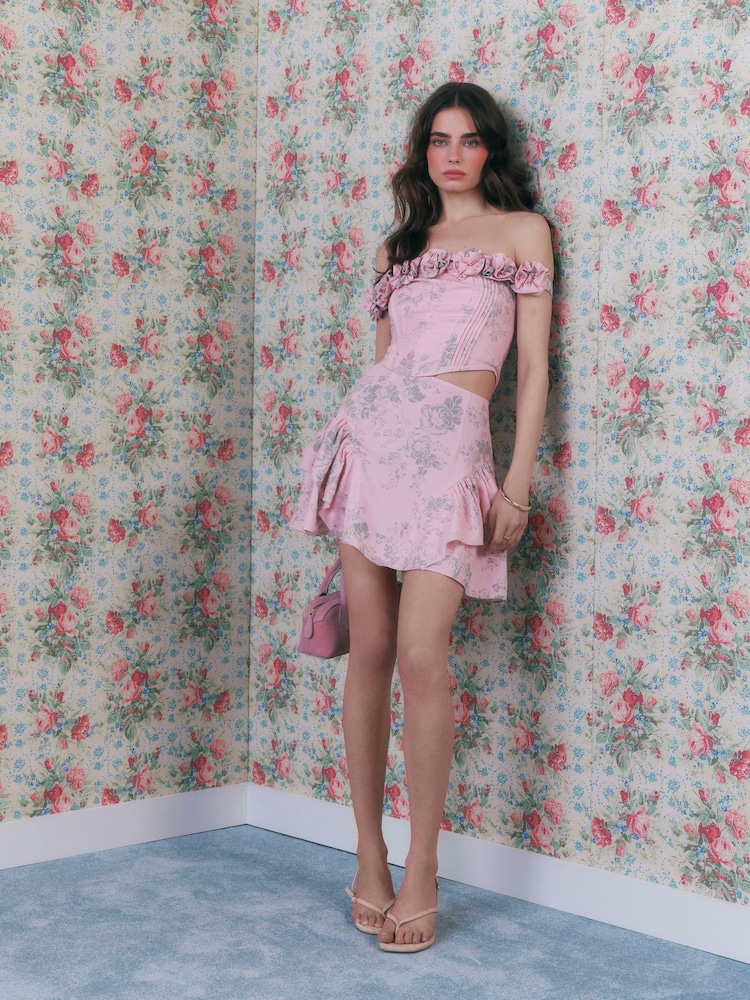 River Island Pink Cabbages and Roses Floral Print Gathered Mini Skirt - Image 1 of 3