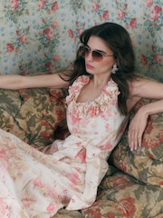 River Island Brown Cabbages and Roses Sleeveless Corsage Tiered Midi Dress - Image 1 of 4