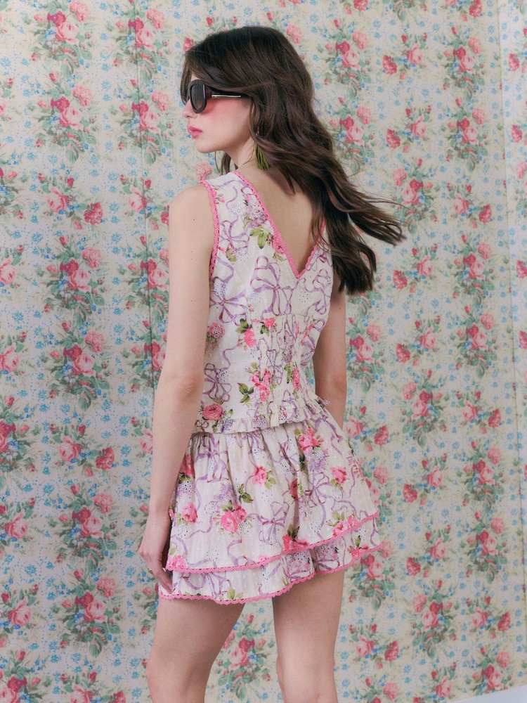 River Island Cream Cabbages and Roses Sleeveless Floral Print Corset Top - Image 2 of 4 River Island Cream Cabbages and Roses Sleeveless Floral Print Corset Top - Image 2 of 4