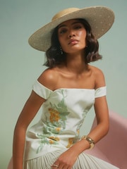 River Island Brown Edwina Oversized Embroidered Boater Hat - Image 1 of 4