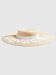 River Island Brown Edwina Oversized Embroidered Boater Hat - Image 2 of 4