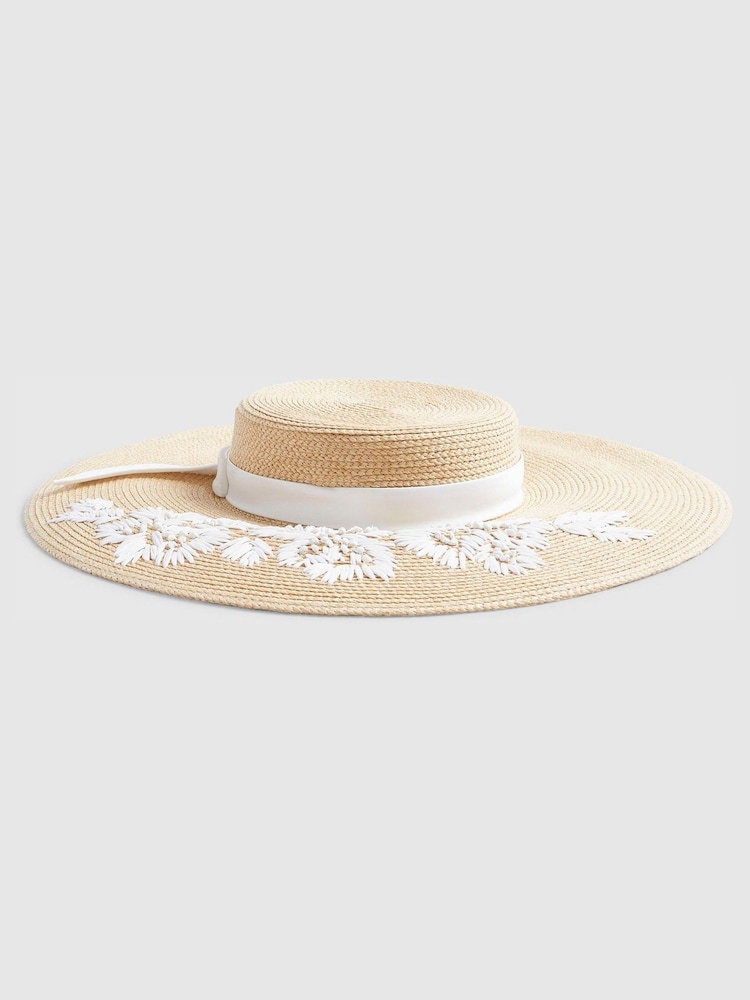 River Island Brown Edwina Oversized Embroidered Boater Hat - Image 2 of 4