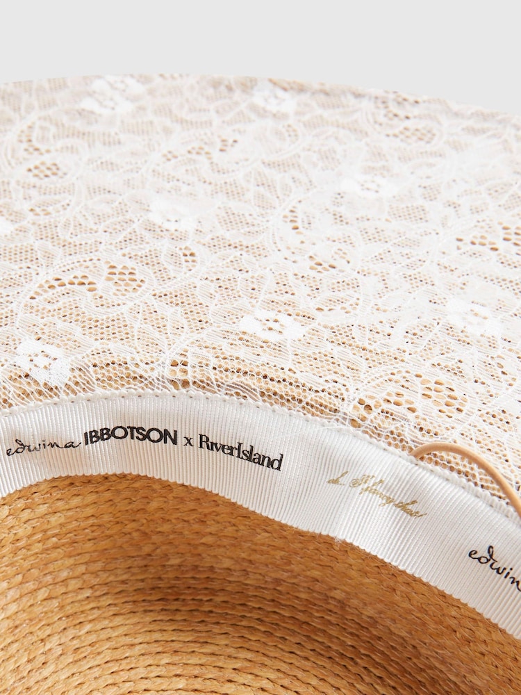 River Island Brown Edwina Oversized Embroidered Boater Hat - Image 4 of 4