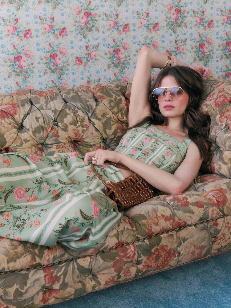 River Island Green Cabbages and Roses High Waisted Floral Print Wide Leg Trousers - Image 2 of 3