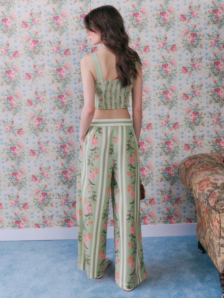 River Island Green Cabbages and Roses High Waisted Floral Print Wide Leg Trousers - Image 3 of 3
