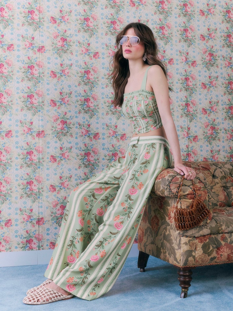 River Island Green Cabbages and Roses High Waisted Floral Print Wide Leg Trousers - Image 5 of 5