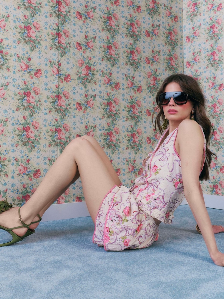 River Island Cream Cabbages and Roses Floral Print Ruffle Shorts - Image 1 of 6