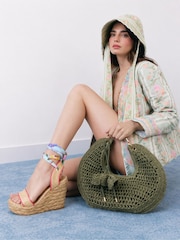 River Island Pink/Brown Cabbages and Roses Floral Print Scarf Tie Wedge Sandals - Image 1 of 1