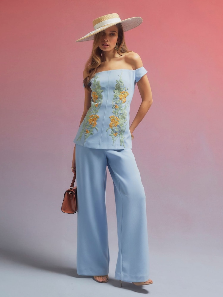 River Island Blue Edwina Bardot Floral Print Embroidered Wide Leg Jumpsuit - Image 1 of 4
