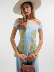 River Island Blue Edwina Bardot Floral Print Embroidered Wide Leg Jumpsuit - Image 2 of 4