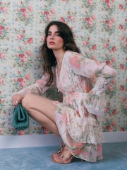 River Island Cream Cabbages and Roses Long Sleeve Floral Print Cutwork Mini Dress - Image 4 of 4