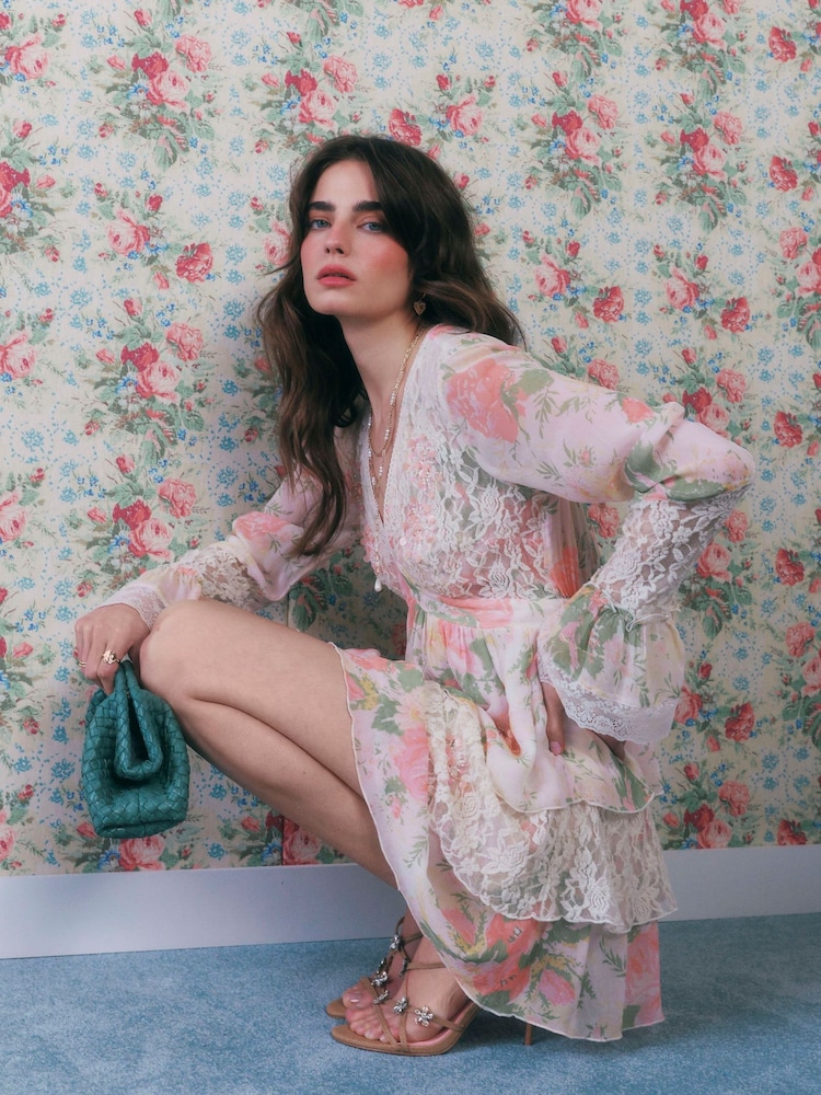 River Island Cream Cabbages and Roses Long Sleeve Floral Print Cutwork Mini Dress - Image 5 of 5