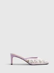 River Island Purple Cabbages and Roses Square Toe Floral Embroidered Heeled Mules - Image 1 of 6