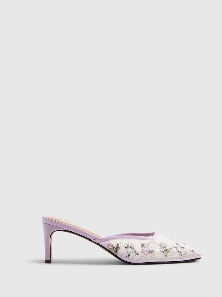 River Island Purple Cabbages and Roses Square Toe Floral Embroidered Heeled Mules - Image 1 of 6
