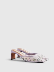 River Island Purple Cabbages and Roses Square Toe Floral Embroidered Heeled Mules - Image 3 of 6