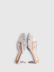 River Island Purple Cabbages and Roses Square Toe Floral Embroidered Heeled Mules - Image 5 of 6
