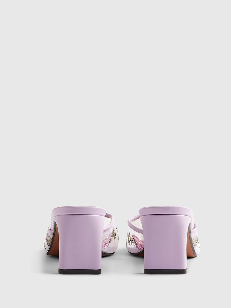River Island Purple Cabbages and Roses Square Toe Floral Embroidered Heeled Mules - Image 6 of 6