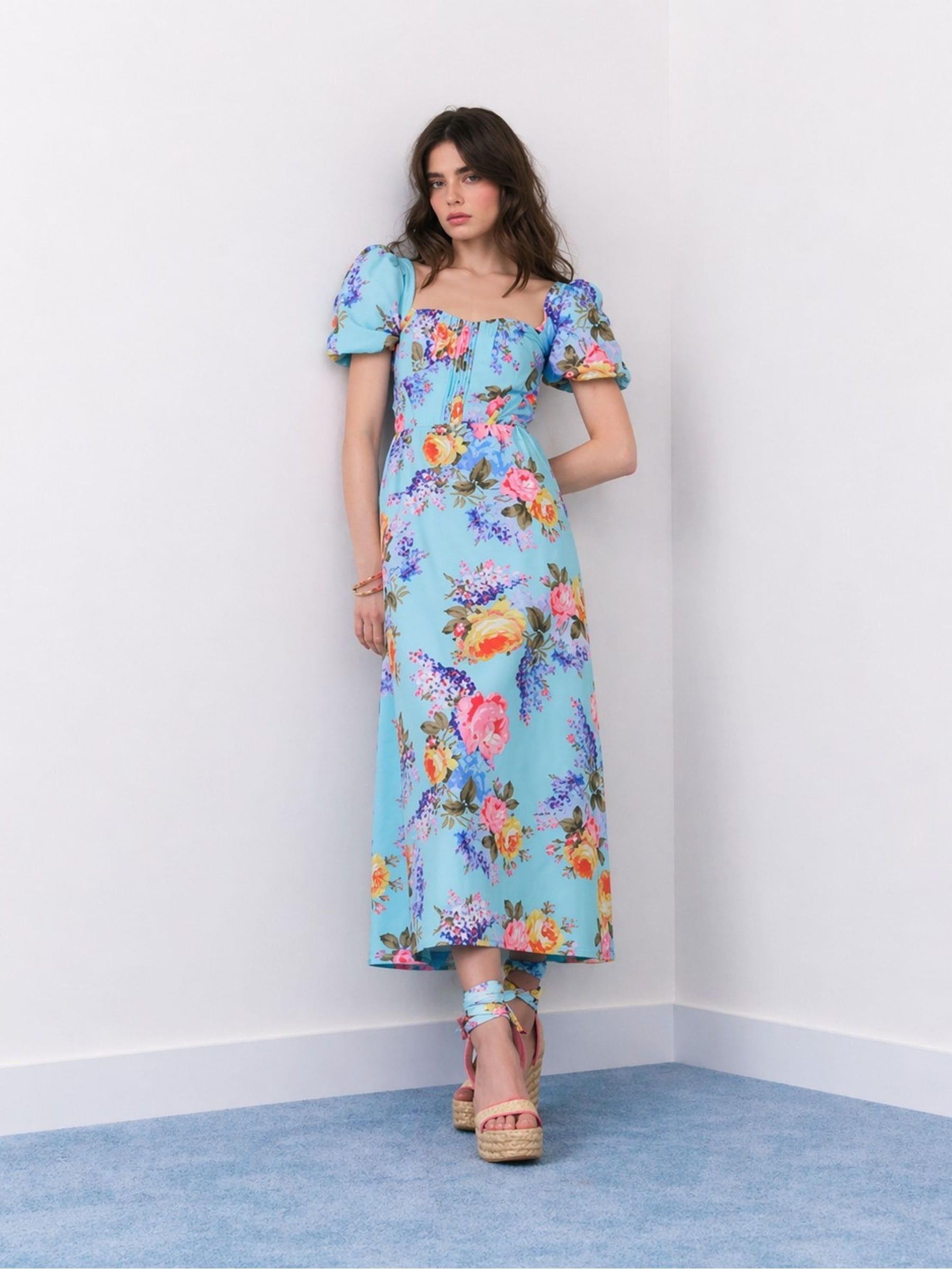 Buy River Island Blue Cabbages and Roses Puff Sleeve Floral Print