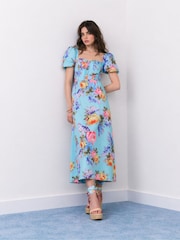 River Island Blue Cabbages and Roses Puff Sleeve Floral Print Midi Dress - Image 1 of 5