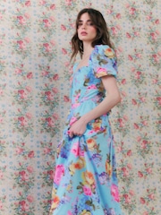 River Island Blue Cabbages and Roses Puff Sleeve Floral Print Midi Dress - Image 3 of 5