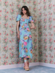 River Island Blue Cabbages and Roses Puff Sleeve Floral Print Midi Dress - Image 4 of 5