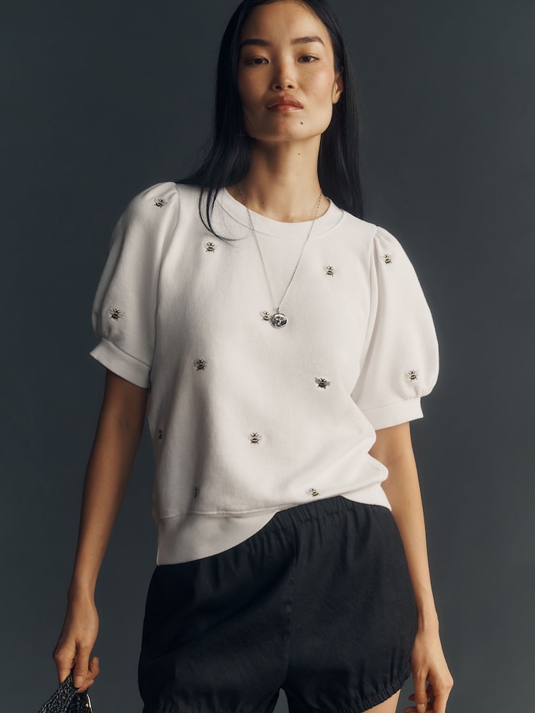 Anthropologie Cream Maeve Puff-Sleeve Sweat T-Shirt - Image 1 of 3