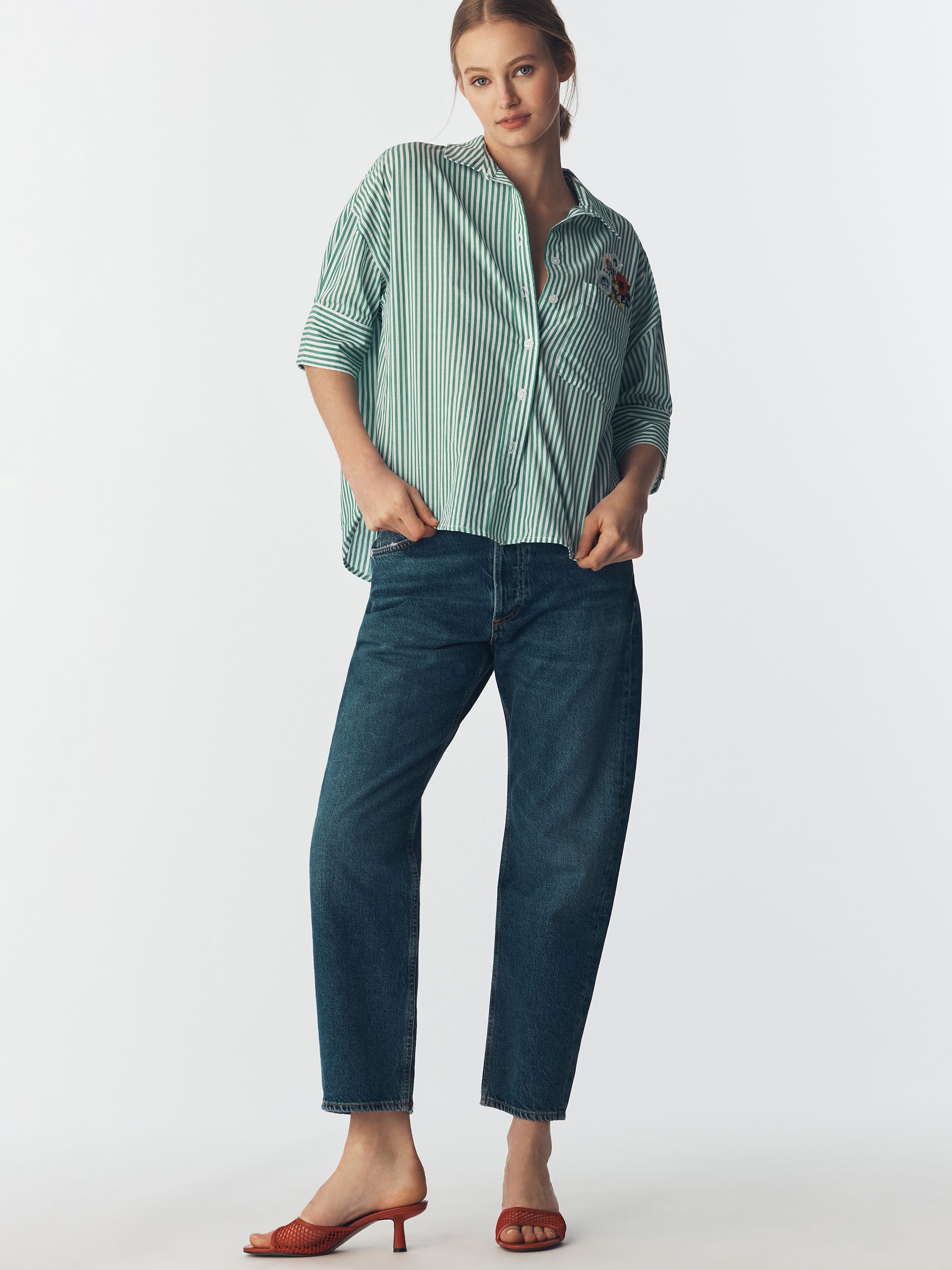 Buy Anthropologie Green Stripe Flower Embroidery Maeve Pocket