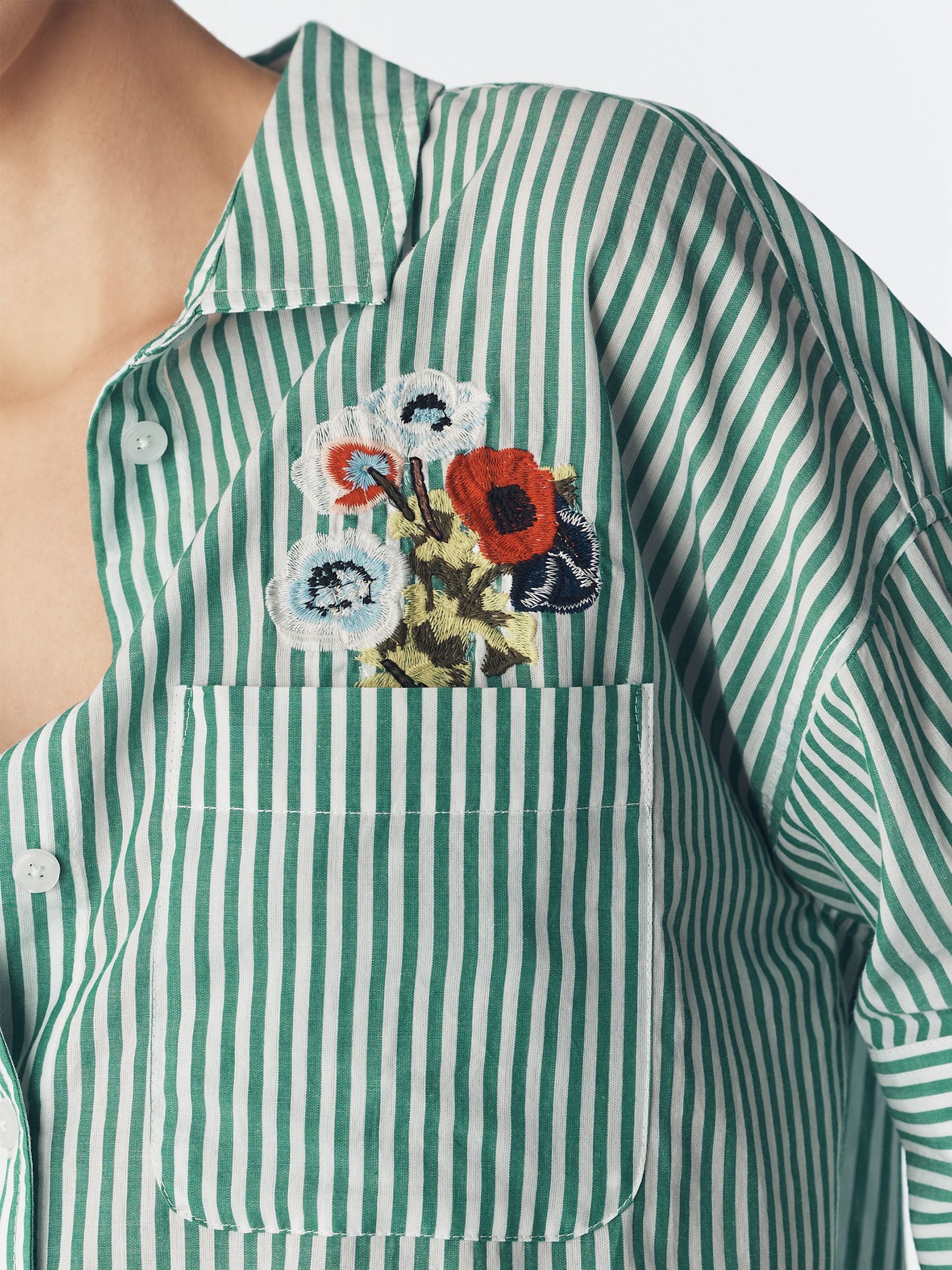 Buy Anthropologie Green Stripe Flower Embroidery Maeve Pocket
