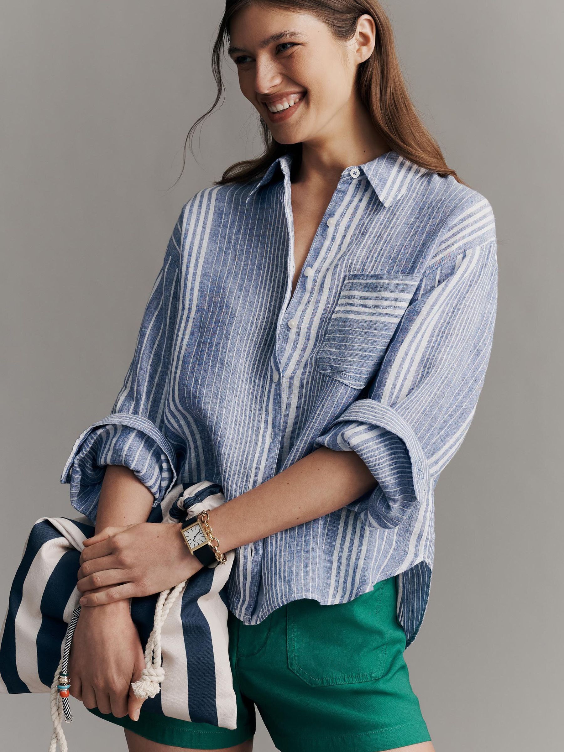 Buy Anthropologie Blue Stripe Maeve The Shrunken Linen Bennet