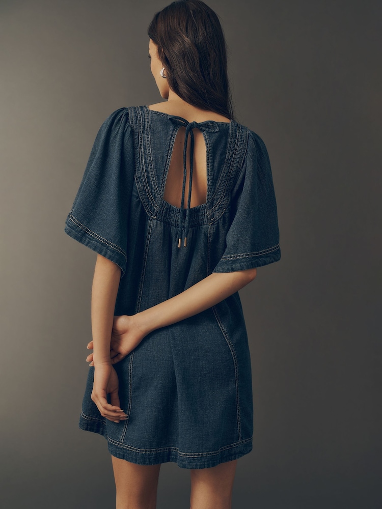 pilcro short sleeve denim dress Pilcro Short-sleeve Denim Mini Swing Dress In Red