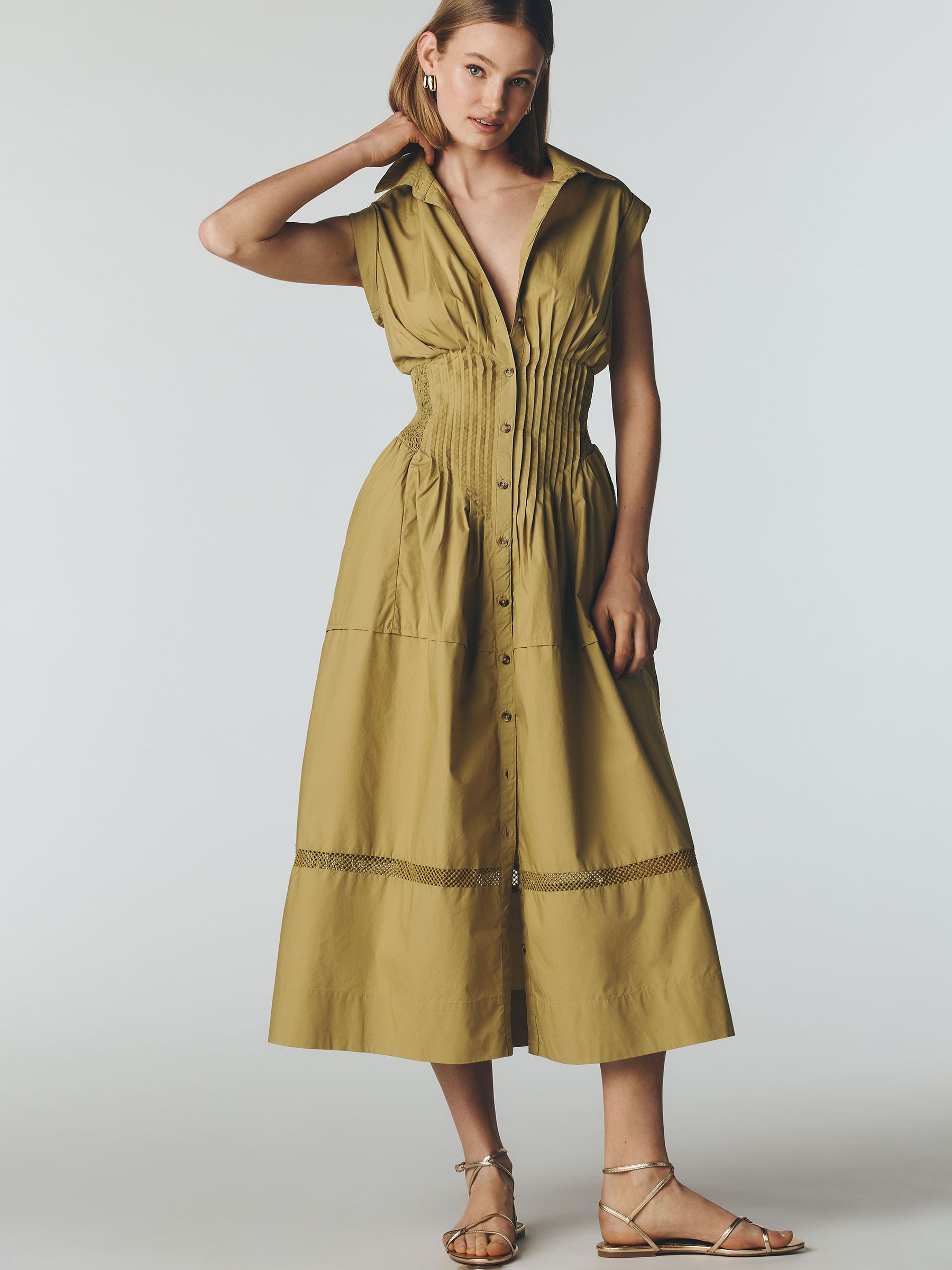 Buy Anthropologie Green Maeve Tailored Pintuck Midi Shirt Dress