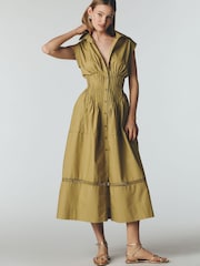 Anthropologie Green Maeve Pintuck Midi Shirt Dress - Image 2 of 4