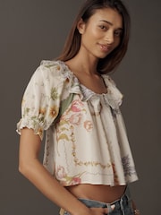 Anthropologie Cream Puff-Sleeve Ruffle Collar Blouse - Image 1 of 4