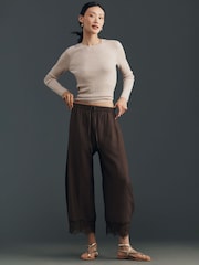 Anthropologie Cropped Lace-Hem Brown Trousers - Image 1 of 4