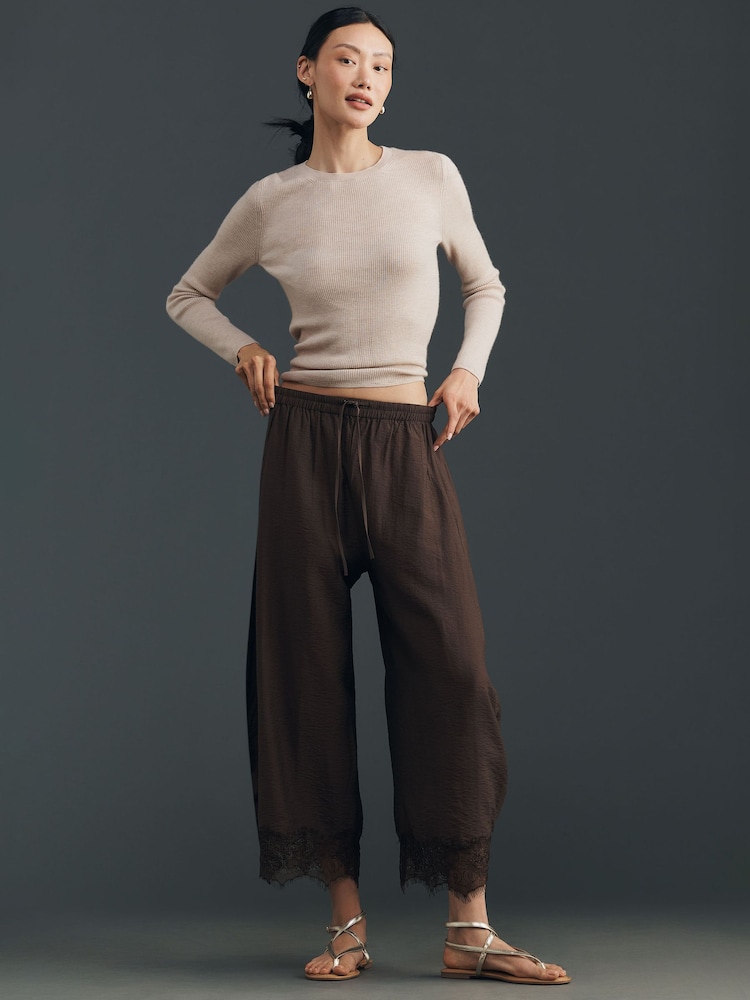 Anthropologie Cropped Lace-Hem Brown Trousers - Image 1 of 4
