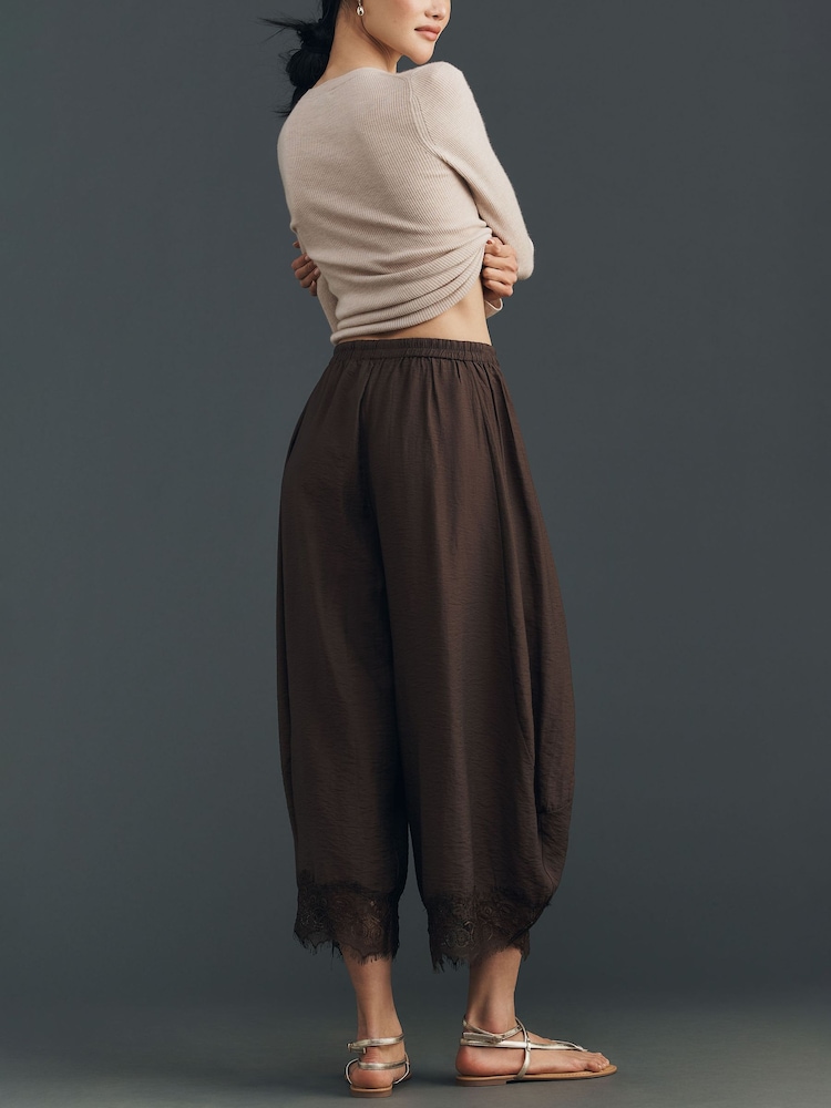 Anthropologie Cropped Lace-Hem Brown Trousers - Image 2 of 4