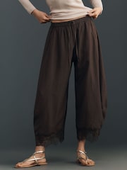 Anthropologie Cropped Lace-Hem Brown Trousers - Image 3 of 4