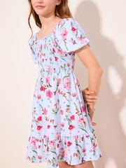 Lipsy Powder Blue Printed Crinkle Jersey Frill Dress (5-16yrs) - Image 1 of 5