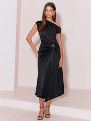 Чорний - Lipsy Jersey One Shoulder Ruched Waist Hardware Detail Fit And Flare Midi Dress - Image 3 of 6
