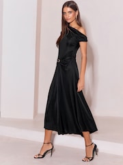 Чорний - Lipsy Jersey One Shoulder Ruched Waist Hardware Detail Fit And Flare Midi Dress - Image 5 of 6