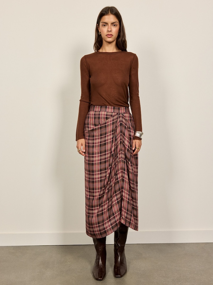 BHOEM Pink/Grey Draped Plaid Midi Skirt - Image 1 of 5 BHOEM Pink/Grey Draped Plaid Midi Skirt - Image 1 of 5