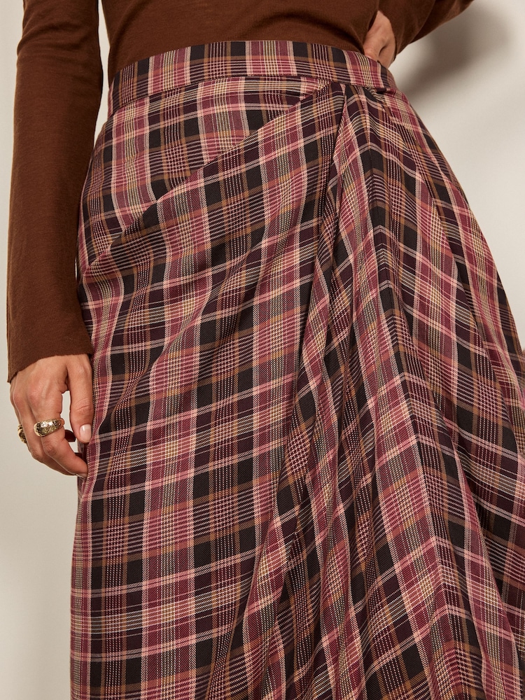 BHOEM Pink/Grey Draped Plaid Midi Skirt - Image 2 of 5 BHOEM Pink/Grey Draped Plaid Midi Skirt - Image 2 of 5