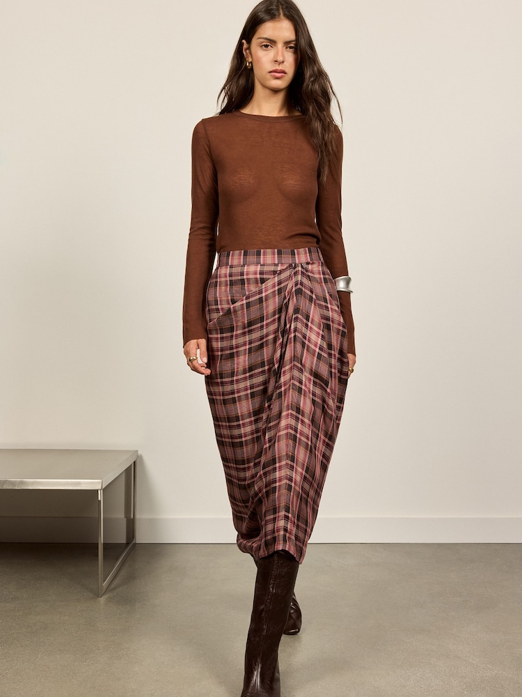 BHOEM Pink/Grey Draped Plaid Midi Skirt - Image 5 of 5 BHOEM Pink/Grey Draped Plaid Midi Skirt - Image 5 of 5
