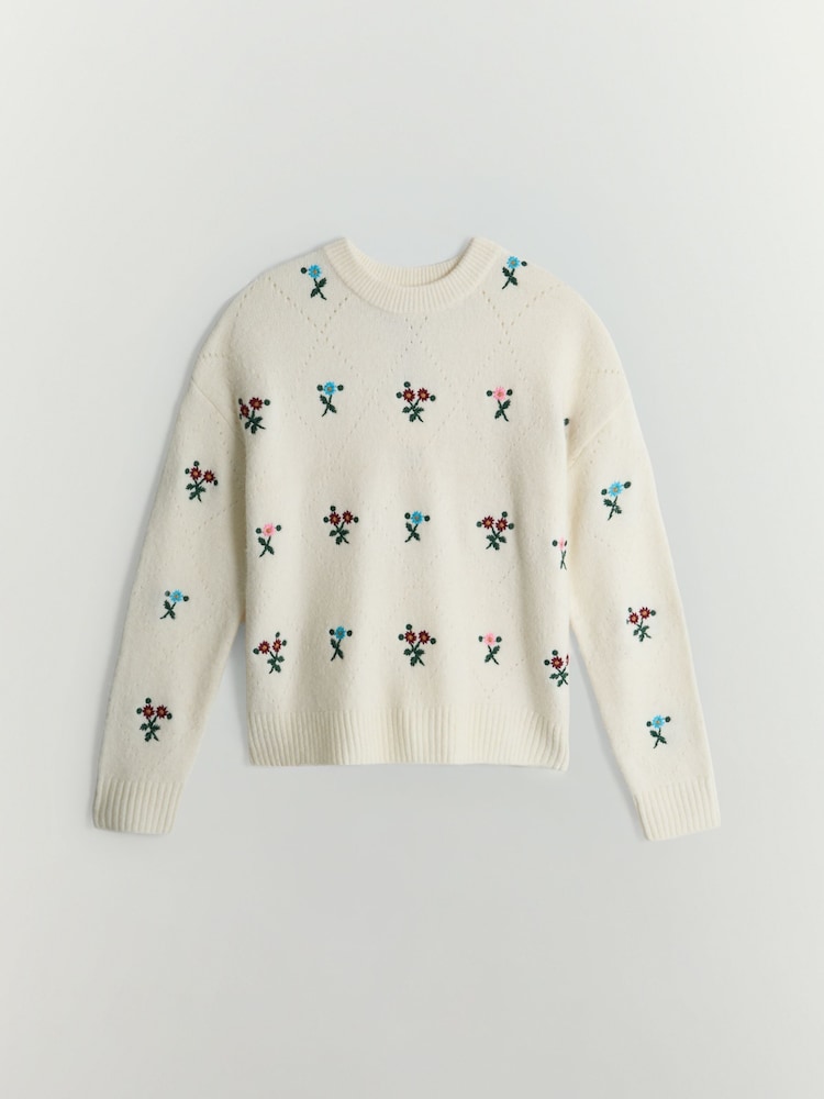 Floral Embroidery Knit Crew Neck Jumper With Wool - Изображение 6 6